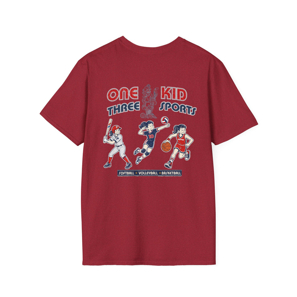 One Kid Three Sports Softball Volleyball Basketball Pepper T-Shirt