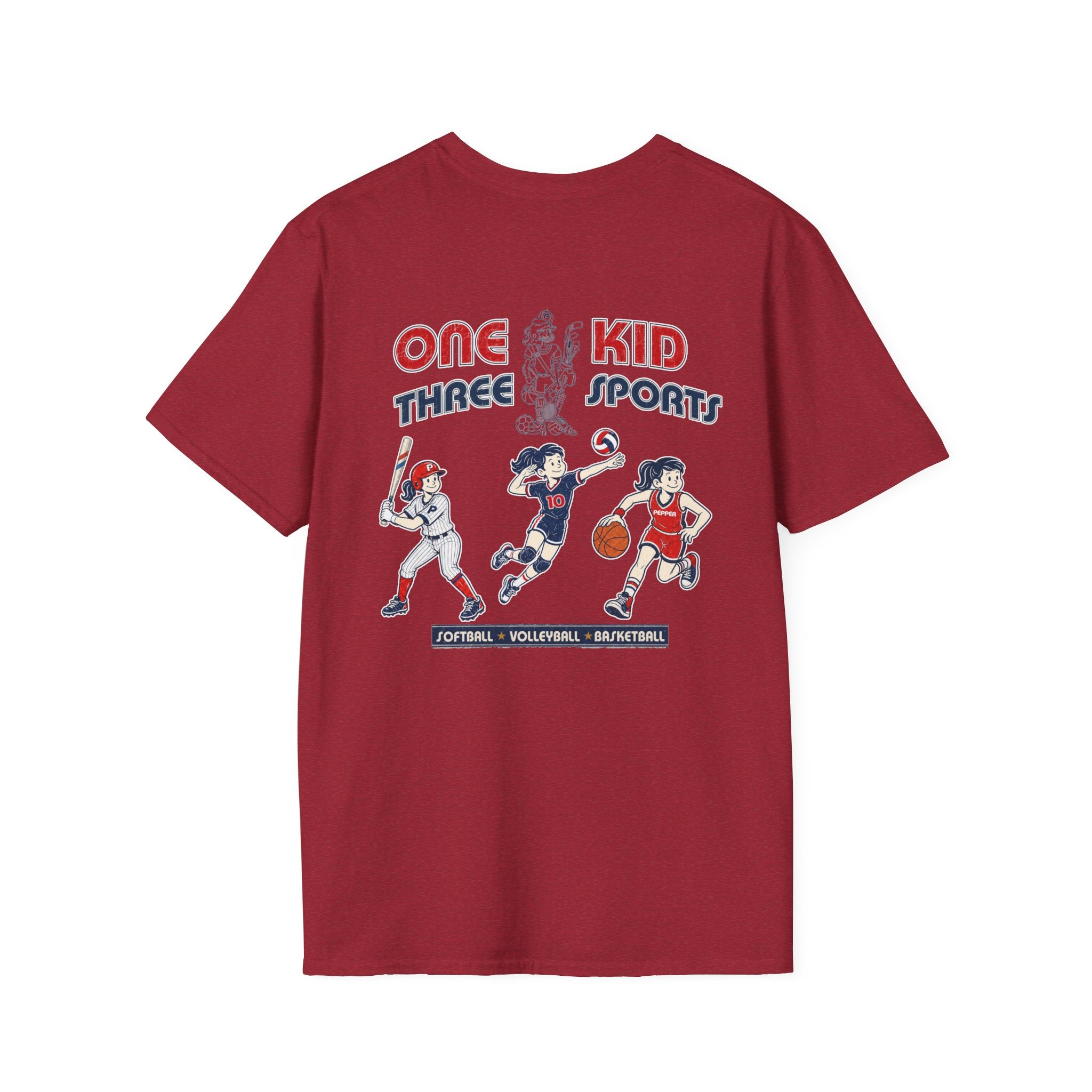 One Kid Three Sports Softball Volleyball Basketball Pepper T-Shirt