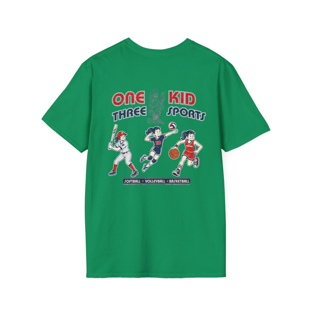 One Kid Three Sports Softball Volleyball Basketball Pepper T-Shirt