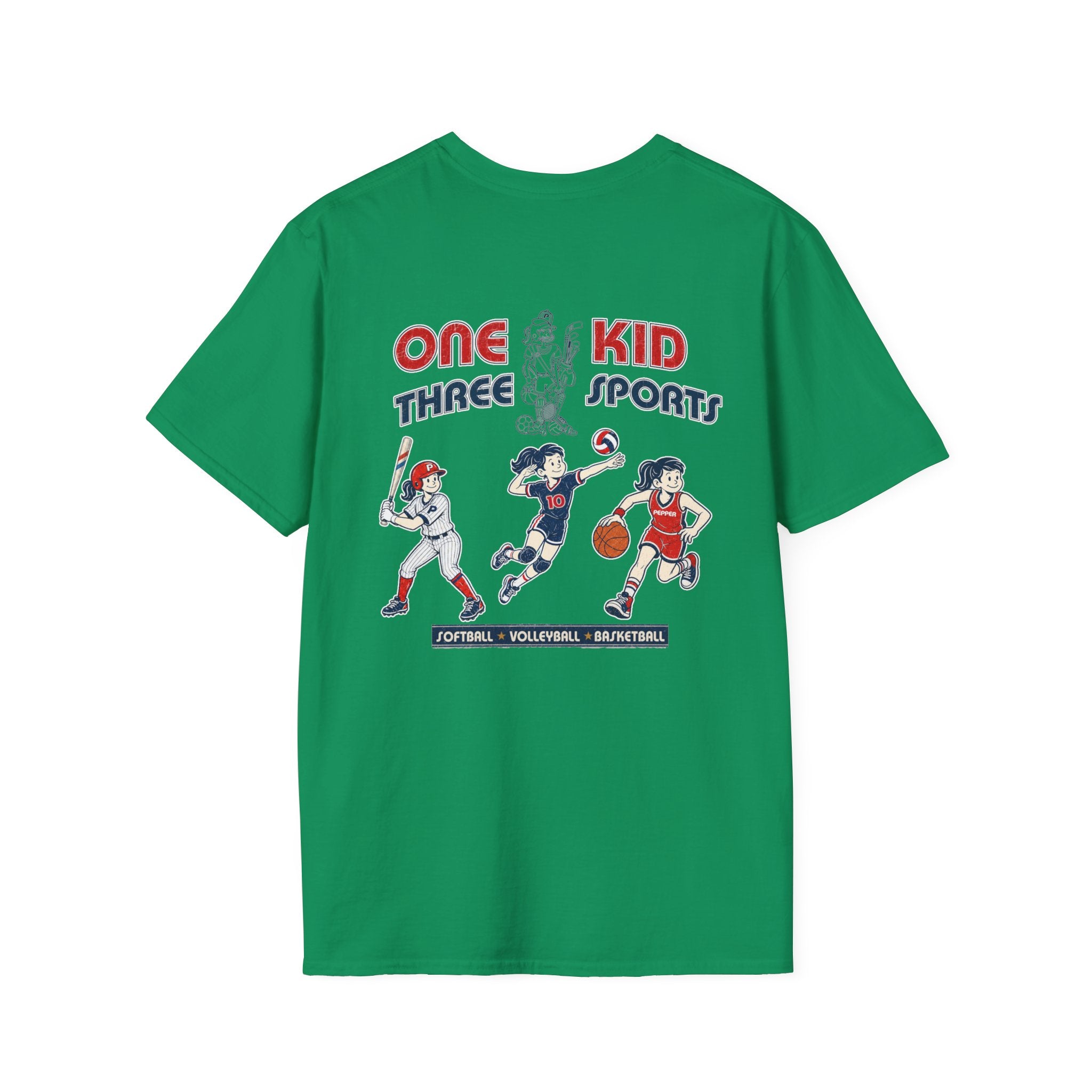 One Kid Three Sports Softball Volleyball Basketball Pepper T-Shirt
