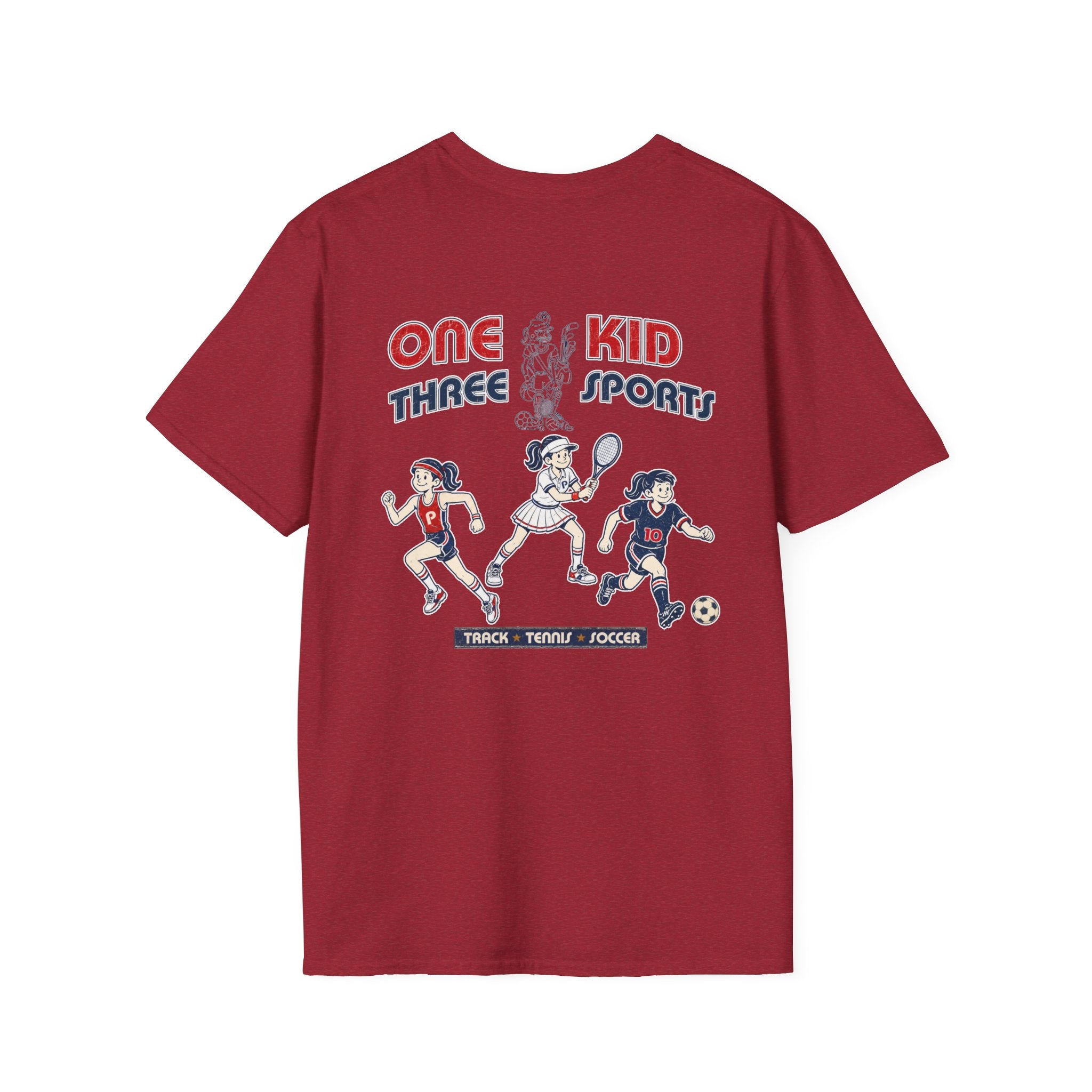 One Kid Three Sports Track Tennis Soccer Pepper T-Shirt