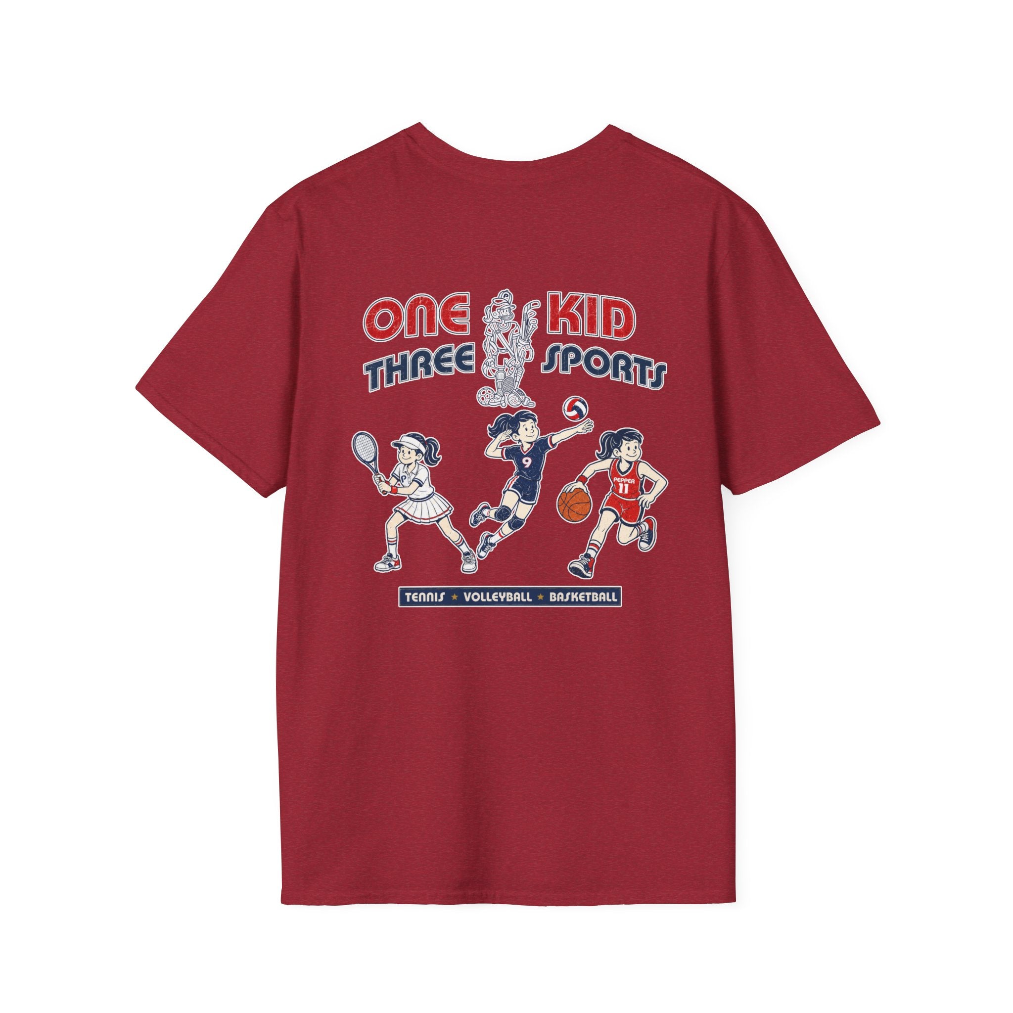 One Kid Three Sports Tennis Volleyball Basketball Pepper T-Shirt