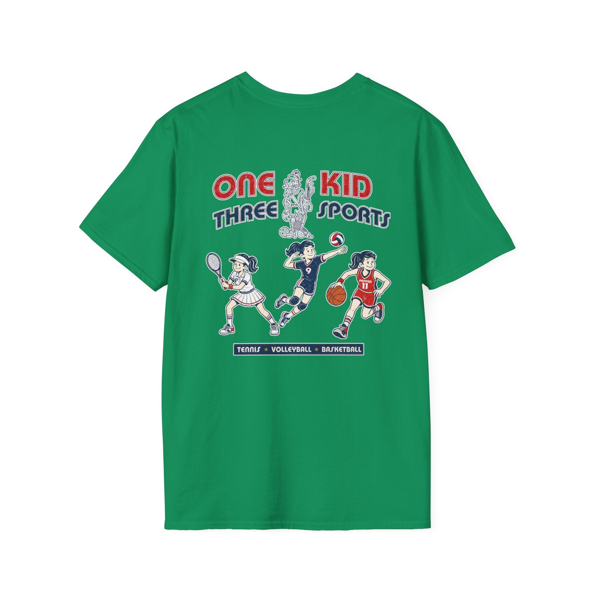 One Kid Three Sports Tennis Volleyball Basketball Pepper T-Shirt